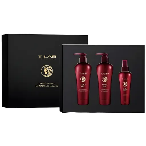 Сет T-LAB Professional Aura Oil Ritual для живлення волосся: шампунь 300 мл + кондиціонер 300 мл + еліксир 150 мл