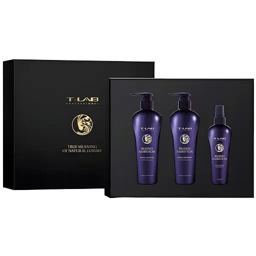 Сет T-LAB Professional Blond Ambition Ritual для корекції відтінку та відновлення: шампунь 300 мл + кондиціонер 300 мл + еліксир 150 мл