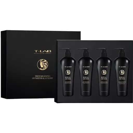 Сет T-LAB Professional Royal Detox Pure & Glowing You Luxury Gift: шампунь 300 мл + кондиціонер 300 мл + шампунь-гель 300 мл + крем 300 мл