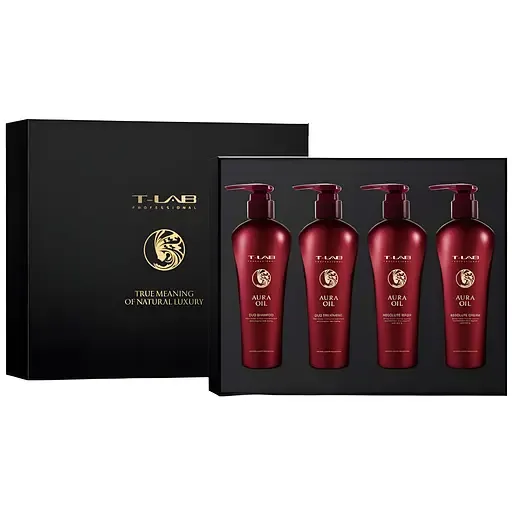 Сет T-LAB Professional Aura Oil Inspired & Blooming You Luxury Gift: шампунь 300 мл + кондиціонер 300 мл + шампунь-гель 300 мл + крем 300 мл