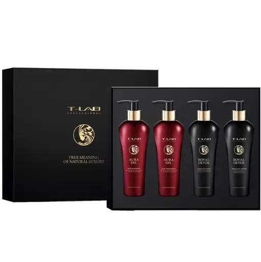 Сет T-LAB Professional Royal Detox + Aura Oil Love set: шампунь 300 мл + кондиціонер 300 мл + шампунь-гель 300 мл + крем 300 мл
