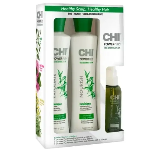 Набір CHI Power Plus Kit для зміцнення та росту волосся: Шампунь-ексфоліант 355 мл + Вітамінний комплекс 104 мл + Кондиціонер 355 мл