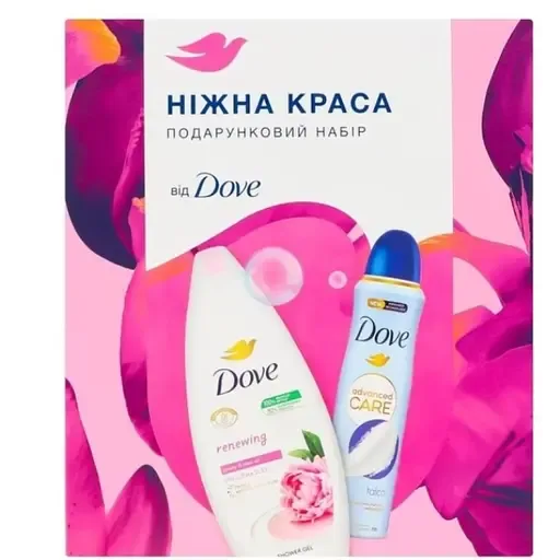 Подарунковий набір Dove Ніжна краса: Гель для душу з маслом піона і троянди 250 мл + Антиперспірант аерозоль з тальком 150 мл