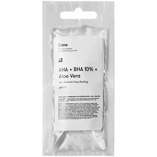 Пілінг для обличчя Sane AHA + BHA 10% + Aloe Vera, сашет, 20 мл