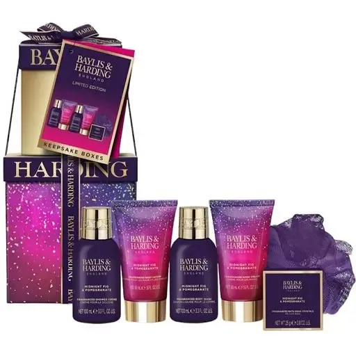 Набір Baylis & Harding Midnight Fig & Pomegranate: Гель для душу + Крем для душу + Лосьйон для тіла + Крем для рук + Кристали для ванни + Мочалка