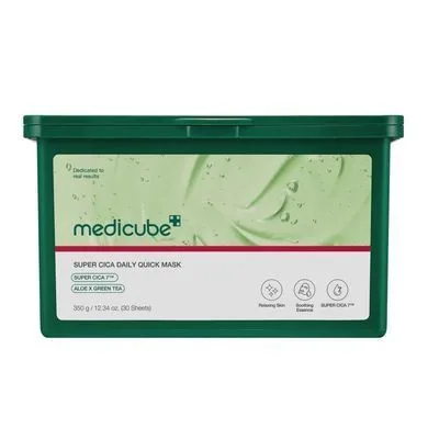 Medicube Super Cica Daily Quick Mask – набір заспокійливих масок з центелою, алое та зеленим чаєм 30 шт.