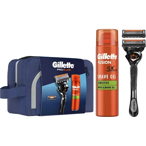 Подарунковий набір для чоловіків Gillette Fusion5 ProGlide: бритва + змінні катріджі для гоління 2 шт. + гель для гоління 200 мл + косметичка