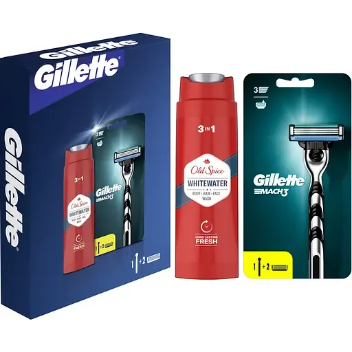 Подарунковий набір для чоловіків: бритва Gillette Mach3 + змінні катриджі для гоління 2 шт. + гель для душу Old Spice 3 в 1 WhiteWater 250 мл