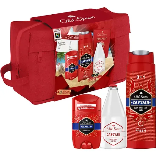 Подарунковий набір для чоловіків Old Spice Captain: твердий дезодорант 50 мл + гель для душу 250 мл + лосьйон після гоління 100 мл + косметичка