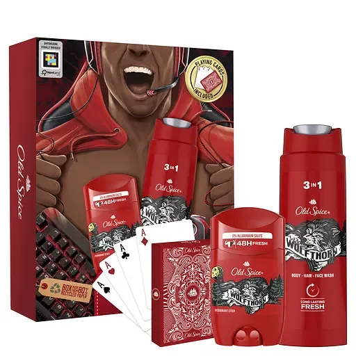 Подарунковий набір для чоловіків Old Spice Wolfthorn Gamer: твердий дезодорант 50 мл + гель для душу 3 в 1 250 мл + гральні карти