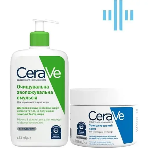 Набір дерматологічних засобів CeraVe: Очищувальна зволожувальна емульсія для нормальної та сухої шкіри обличчя та тіла, 473 мл + Зволожувальний крем для сухої та дуже сухої шкіри обличчя та тіла, 340 мл