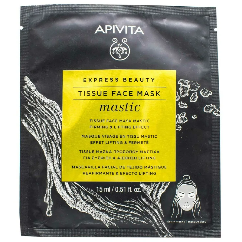 Тканинна маска для обличчя Apivita Express Beauty Пружність та ліфтинг-ефект, зі смолою мастикового дерева, 15 мл