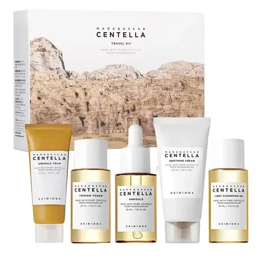 Набір Skin1004 Madagascar Centella Travel Kit: Пінка для вмивання 20 мл + Тонер для обличчя 30 мл + Есенція для обличчя 30 мл + Крем для обличчя 30 мл + Очищувальна олія для обличчя 30 мл