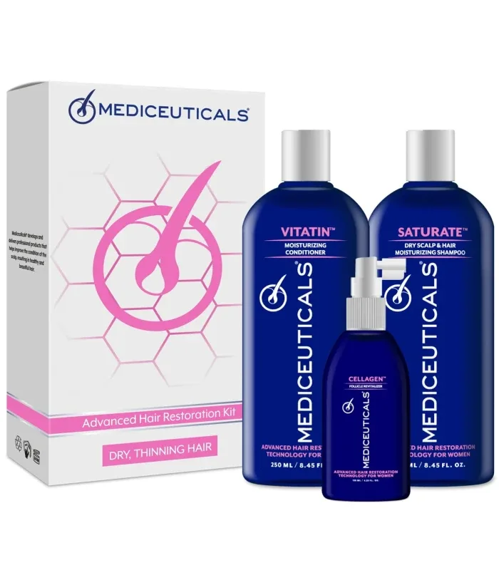 Hair Restoration Kit for Women Dry (Saturate, Cellagen, Vitatin) | набір для стимулювання росту волосся для жінок, сухе волосся MEDICEUTICALS