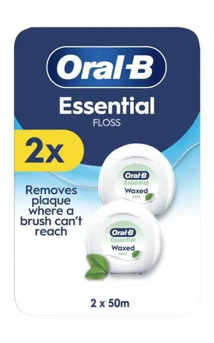 Зубна нитка Oral-B Essential Floss Mint 50 м вощена м’ятна для очищення міжзубних проміжків, 2*50 м