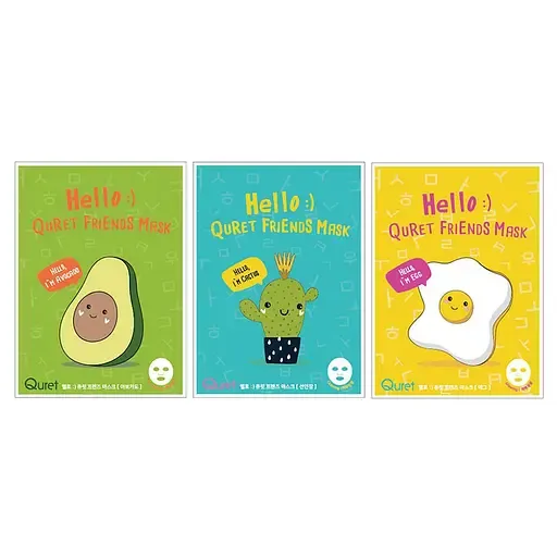 Набір масок для обличчя Quret Hello Friends Mask: заспокійлива маска Cactus, 25 г + маска для сяйва шкіри Egg, 25 г + поживна маска Avocado, 25 г