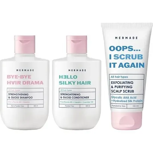 Комплекс-догляд для волосся Mermade Keratin&Silk protein: шампунь 300 мл + кондиціонер 300 мл + скраб-пілінг 100 мл