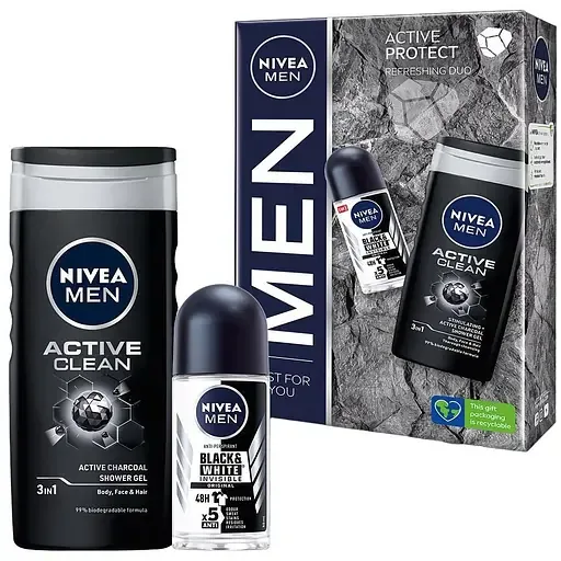 Набір для чоловіків NIVEA: Гель для душу Men Активне очищення 250 мл + Антиперспірант Men Чорне і біле Невидимий класичний 50 мл