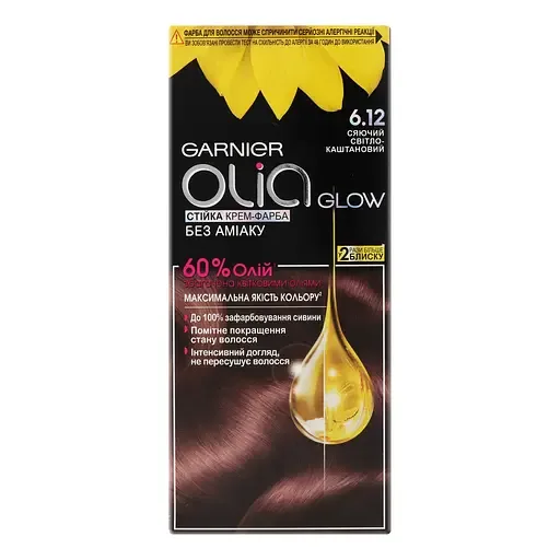 Стійка крем-фарба для волосся Garnier Olia Glow без аміаку відтінок 6.12 (сяючий світло-каштановий) 112 мл