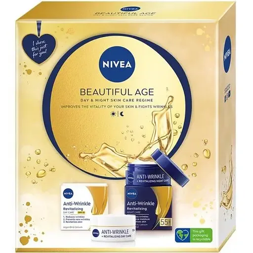Набір жіночий Nivea Beautiful Age 2023: Денний крем для обличчя проти зморшок і ревіталізація 55+ 50 мл + Нічний крем для обличчя проти зморшок і ревіталізація 55+ 50 мл
