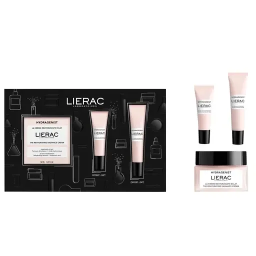 Новорічний набір Lierac Hydragenist: крем для обличчя The Rehydrating Radiance Cream 50 мл + сироватка The Rehydrating Serum 15 мл + крем для контуру очей The Rehydrating Eye Care 7.5 мл