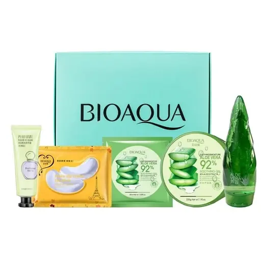 Подарунковий набір Bioaqua: маска для обличчя 30 г + крем для рук 30 г + зволожуючий гель 220 г + гель 120 г + гідрогелеві патчі 7.5 г