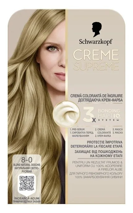 Фарба для волосся Schwarzkopf Creme Supreme 8-0 Натуральний Світло-Русявий 60 мл