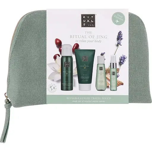 Набір Rituals The Ritual Of Jing Treat Gift Set: крем для тіла Body Cream 70 мл + суха олія Dry Oil 50 мл + гель для душу Foaming Shower Gel 50 мл + спрей для білизни Sleep Pillow and Body Mist 20 мл + косметичка