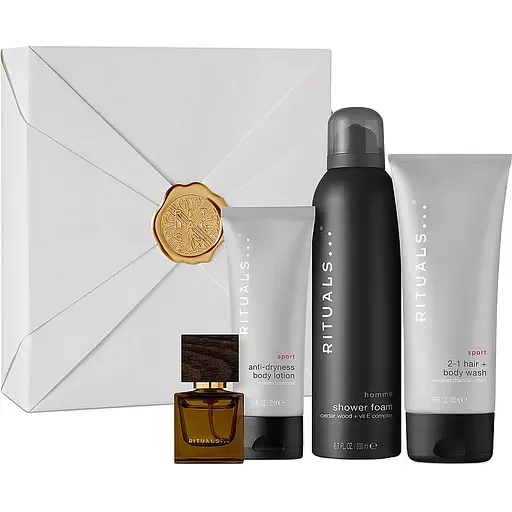 Подарунковий набір Rituals Homme Set: гель-пінка для душу Homme Shower Foam 200 мл + гель-шампунь Sport 2-1 Hair&Body Wash 200 мл + лосьйон для тіла Sport Anti-Dryness Body Lotion 70 мл + парфумована вода L'Essentiel 15 мл