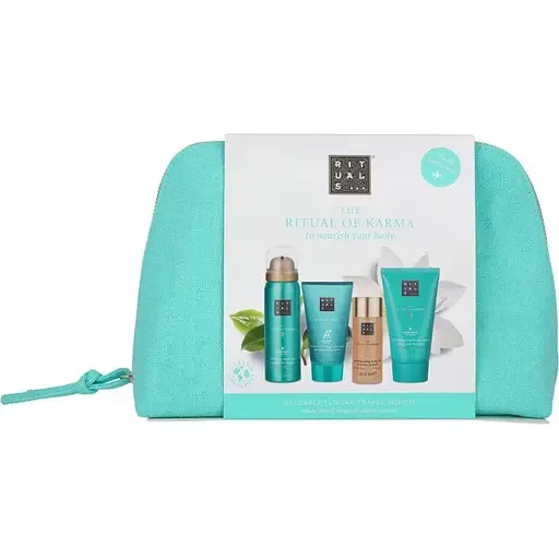 Набір Rituals The Ritual of Karma Giftset: крем для тіла 48h Hydrating Body Cream 70 мл + гель для душу Foaming Shower Gel 50 мл + гель для душу після засмаги After Sun Cooling Shower Gel 50 мл + олія-спрей для тіла Shimmering Body Oil 30 мл + косметичка