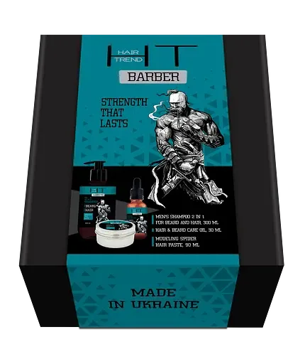 Подарунковий набір для чоловіків Hair Trend Barbers: Шампунь Bears Hair 2 в 1 для бороди та волосся 300 мл + Олія для догляду за волоссям і бородою Beard &Hair Oil 30 мл + Модулювальна паста-павутинка для волосся Spided Hair Paste 90 мл