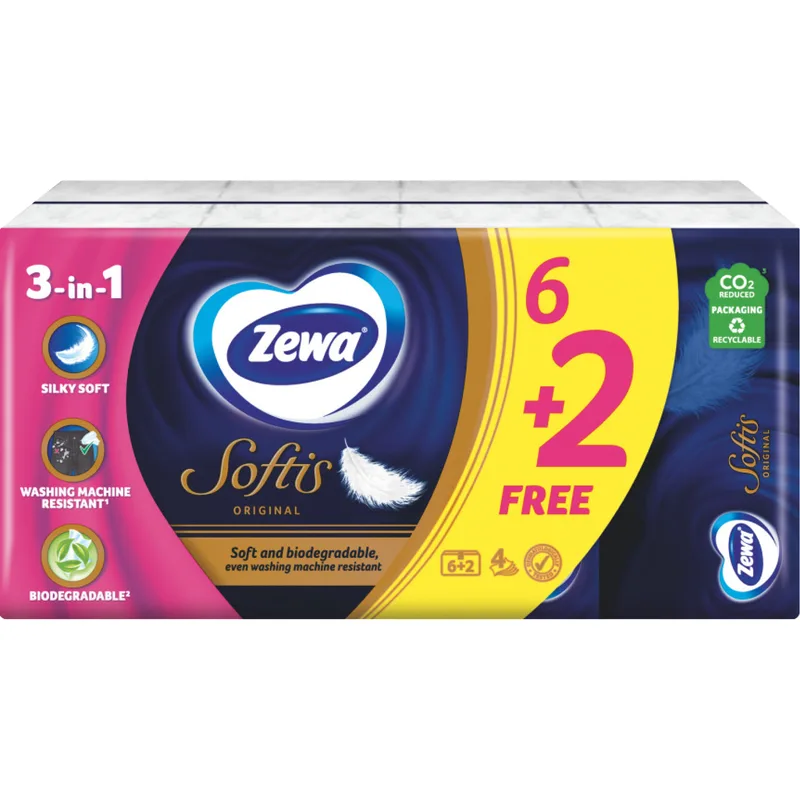 Хустинки (серветки) носові ZEWA (Зева) Softis Original 4-х шарові 6 + 2 упаковки по 9 шт