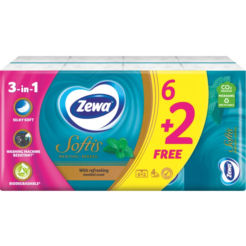 Хустинки (серветки) носові ZEWA (Зева) Softis Menthol Breeze 4-х шарові 6 + 2 упаковки по 9 шт