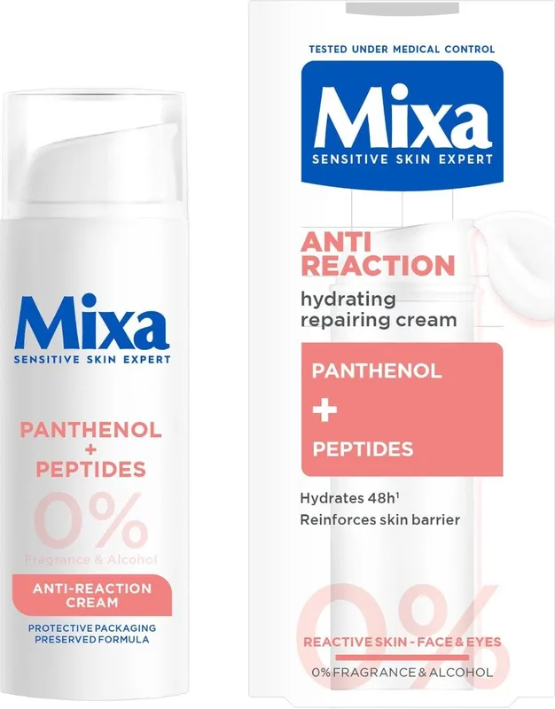 Зволожувальний крем Mixa Anti Reaction Hydrating Repairing Cream Для заспокоєння та зміцнення захисного бар'єра чутливої шкіри обличчя 50 мл (3600551186825)