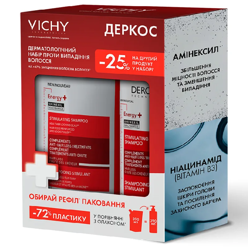 Набір VICHY (Віши) Деркос Шампунь для волосся Енерджі+ тонізуючий з амінексилом та ніацинамідом для боротьби з випадінням волосся 400мл +рефіл 400 мл