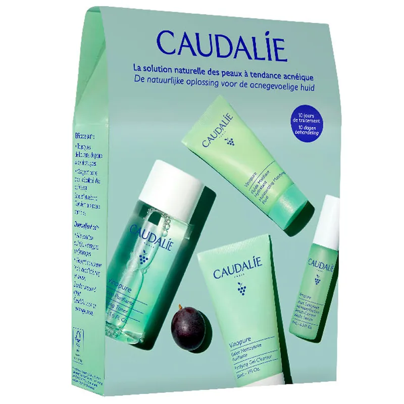 Набір Caudalie (Кодалі) Vinopure стартовий (Желе для очищення 30 мл+ Сироватка Контроль недосконалості 10 мл+Флюїд Ідеальна шкіра матовий 15 мл+Тонік для очищення 30 мл)
