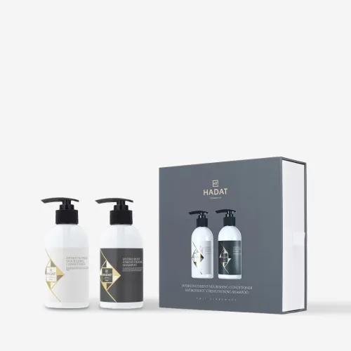 Зміцнюючий набір для волосся 250 мл + 250 мл HADAT Cosmetics hydro nutrient nourishing conditioner + hydro root strengthening shampoo