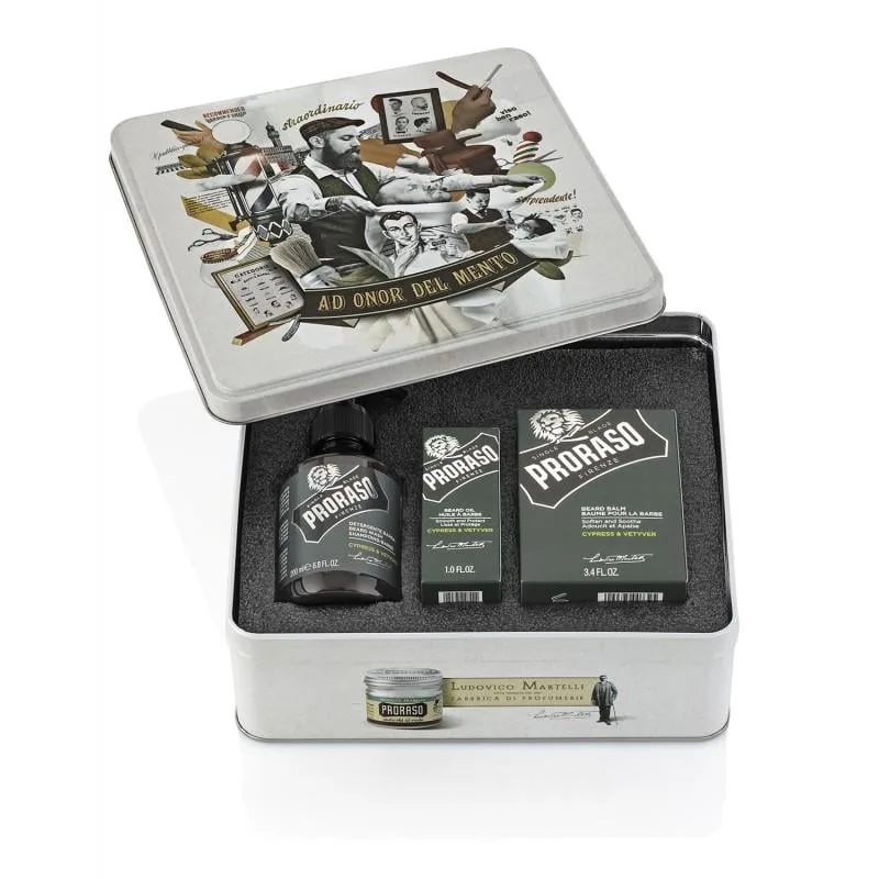 Подарунковий набір для бороди Proraso Cypress & Vetyver Beard Kit в металевій коробці (8004395006922)