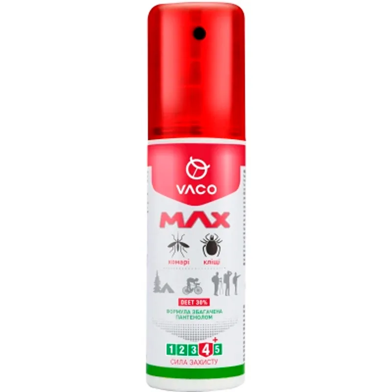 Спрей від комарів, кліщів та мошок VACO (Вако) MAX (Макс) DEET 30% репелентний з пантенолом 80 мл