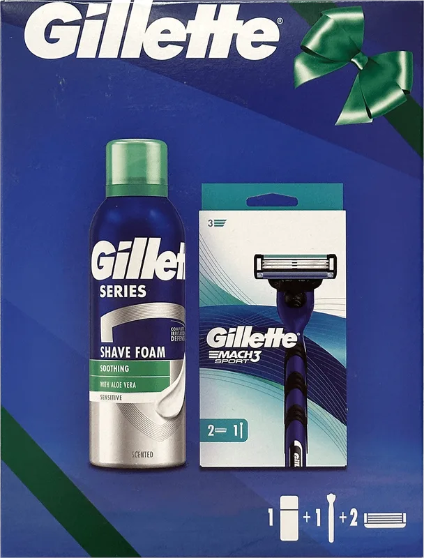 Подарунковий набір Gillette Mach3 Sport станок для гоління з 2 змінними картриджами + Піна для гоління Gillette Series Для чутливої ​​шкіри з алое вера 200 мл