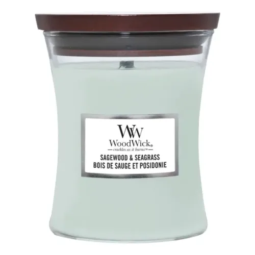 Ароматична свічка з нотами шавлії, океану та кедра WOODWICK Medium Sagewood & Seagrass — вага 275 г