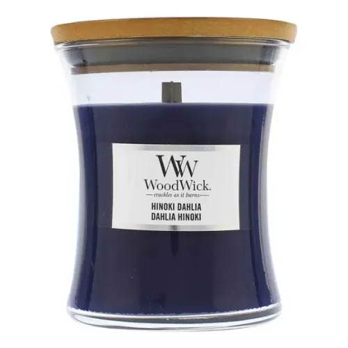 Ароматична свічка з нотами дерева хінокі, сливи та жоржини WOODWICK Mini Hinoki Dahlia — вага 85 г