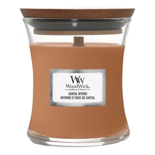 Ароматична свічка з нотами червоного дерева, евкаліпта та амбри WOODWICK Mini Santal Myrrh — вага 85 г