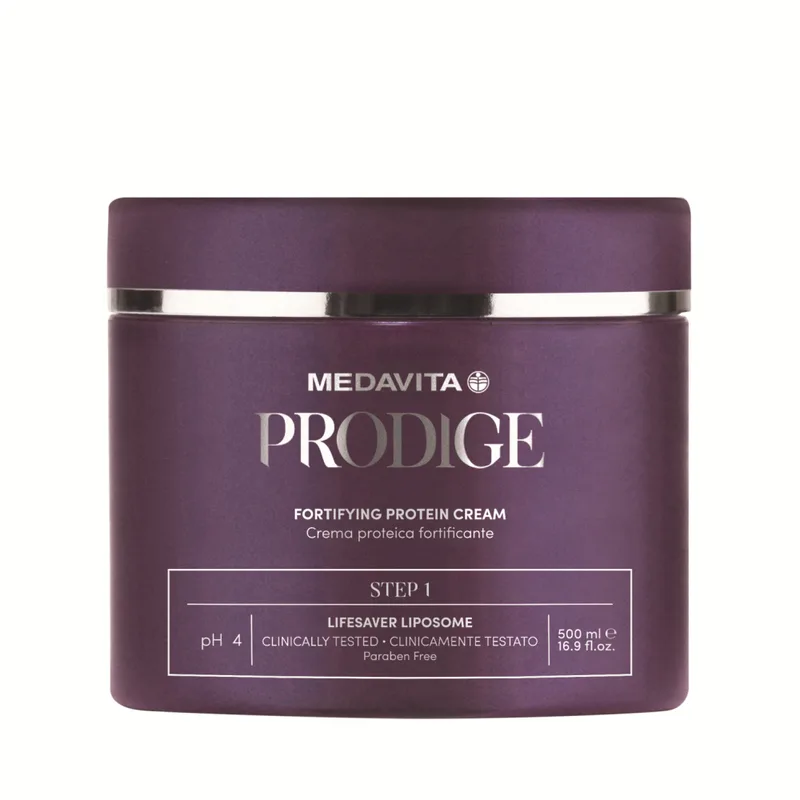 Medavita Prodige Fortifying Protein Cream Зміцнювальний протеїновий крем для відновлення дуже пошкодженого волосся для професійного використання STEP 1 500 мл