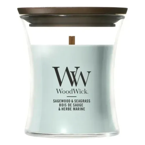 Ароматична свічка з нотами океану та кедра WOODWICK Mini Sagewood & Seagrass — вага 85 г