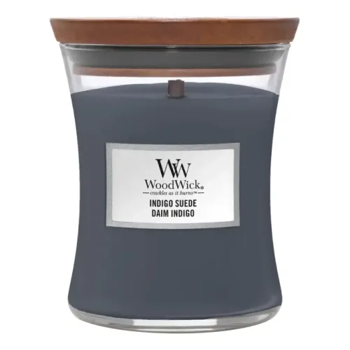 Ароматична свічка з ароматом шкіри та мускуса WOODWICK Medium Indigo Suede — вага 275 г