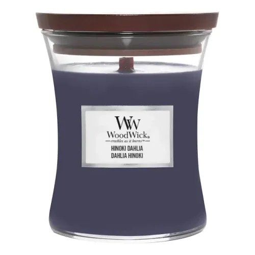 Ароматична свічка з нотами дерева хінокі, сливи та жоржини WOODWICK Medium Hinoki Dahlia — вага 275 г