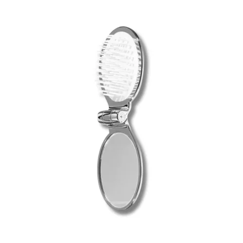 Міні-гребінець із дзеркалом срібний з білою серединкою - Janeke Silver Folding Mirror Brush