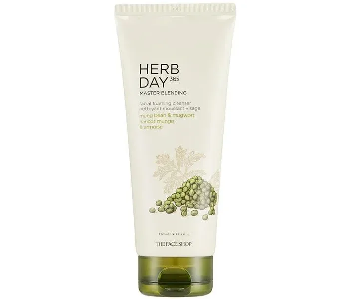 Пінка для вмивання з екстрактом бобів мунг і полину The Face Shop Herb Day 365 Foaming Cleanser Mung Bean & Mugwort