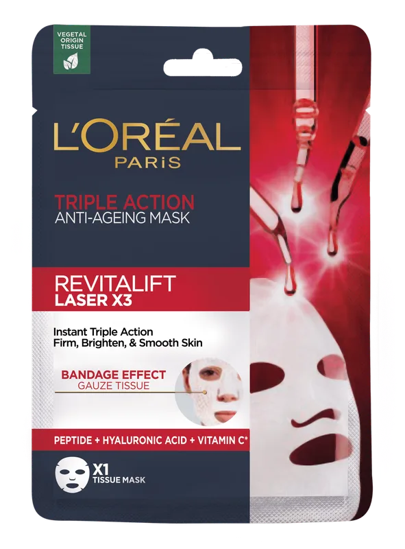 Тканинна маска для обличчя L`Oreal антивікова потрійна дія LASER*3 Revitalift, 28 г